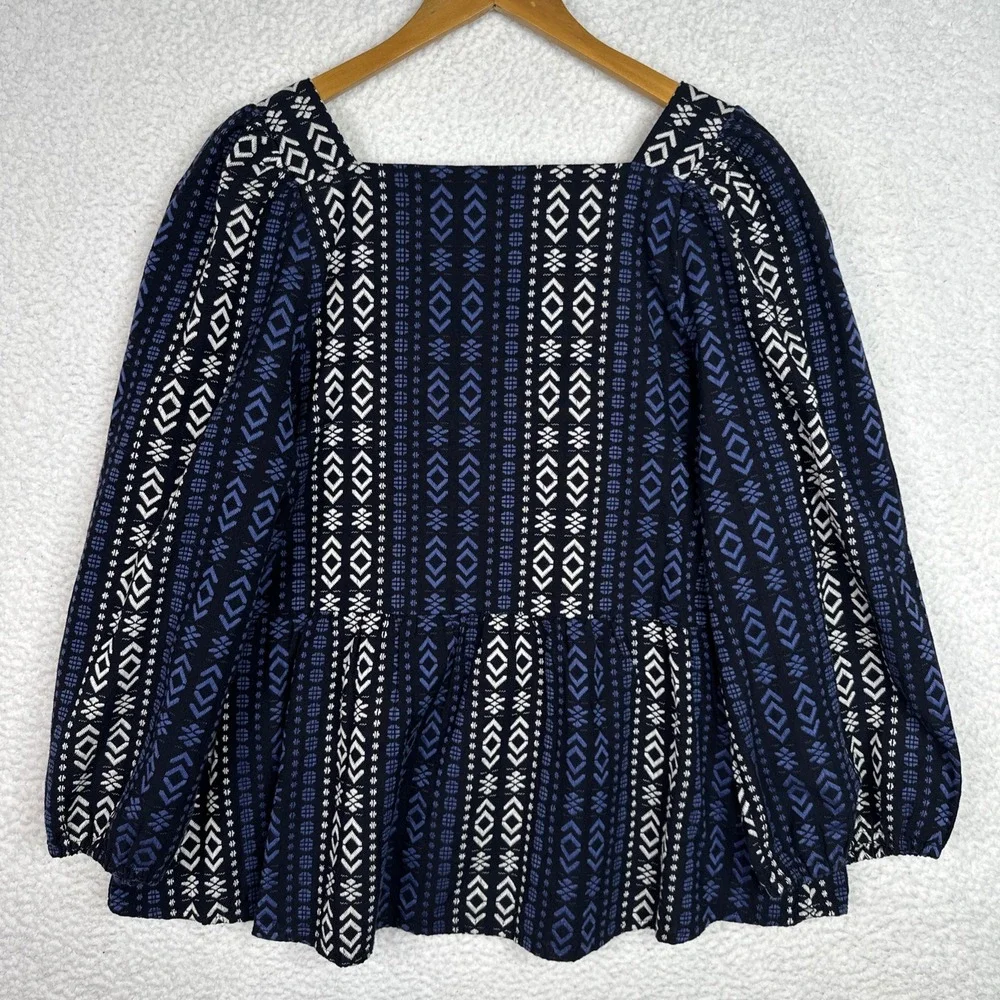 Madewell Lightspun Millbrook Puff Sleeve Peplum Top XL Blue Geo Square Neck
